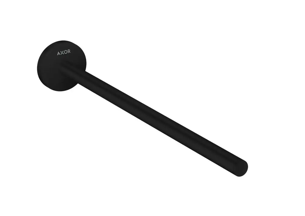 Schwarzer Handtuchhalter mit runder Wandbefestigung, ausgestattet mit dem Logo der Marke AXOR, klarer, minimalistischer Stil.